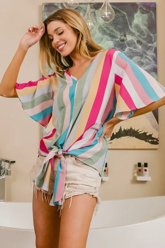 Multi Stripe Woven V Neck Top with Long Front Tie, image 11