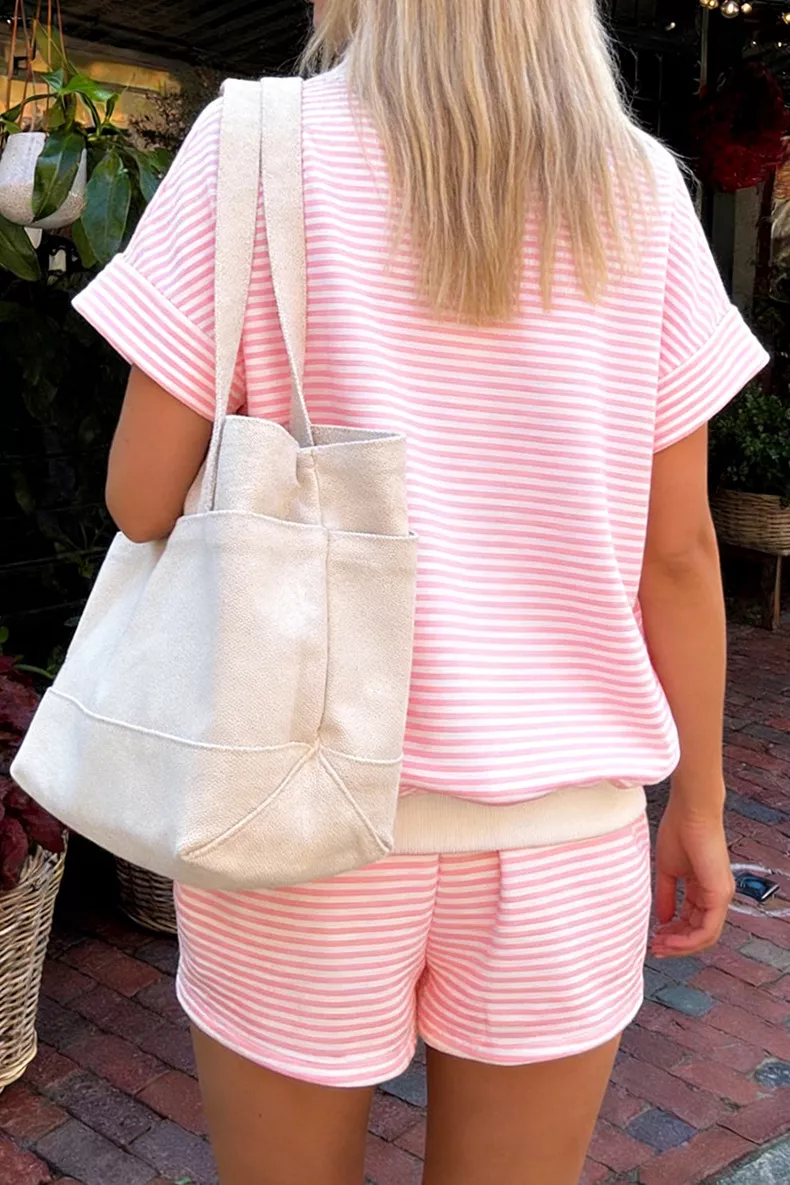 Full Size Striped Round Neck Tee and Shorts Set Plus Size, image 2