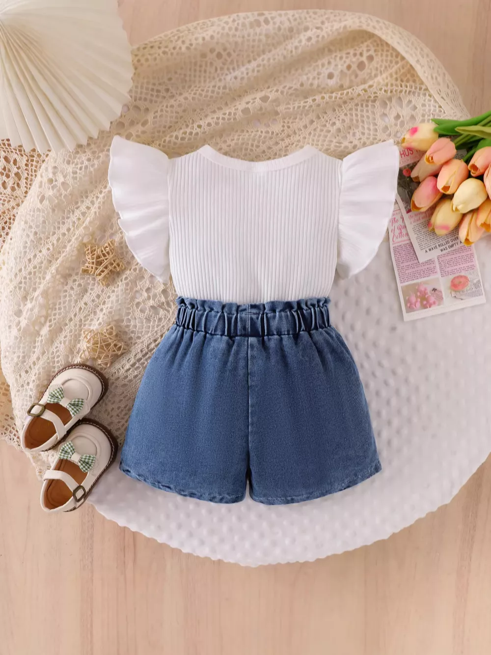 Children's Ruffled Flower Top and Denim Shorts Set, image 7