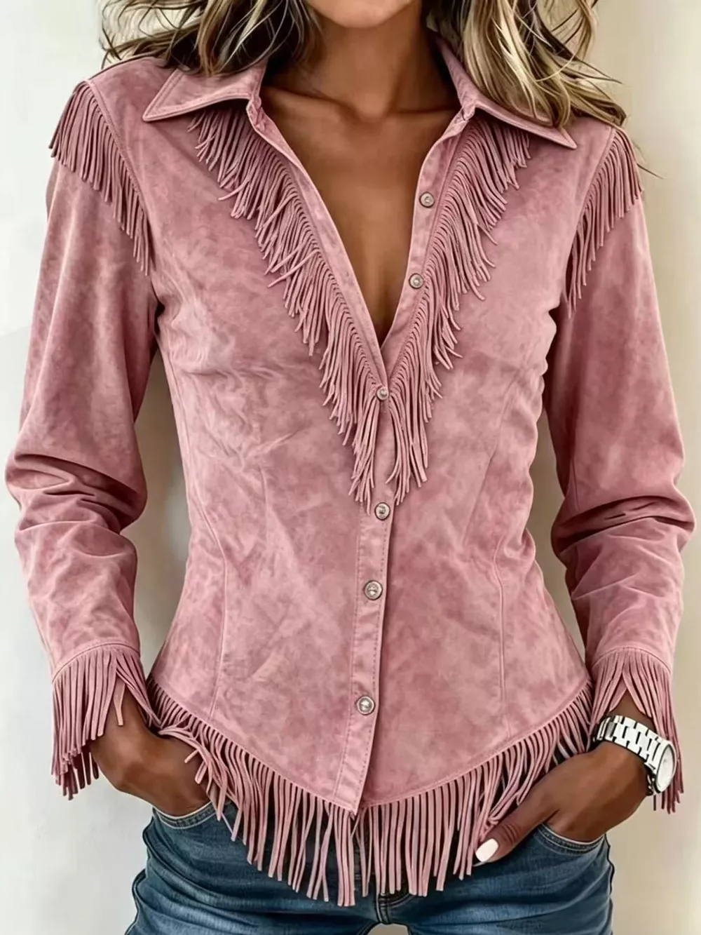 Full Size Fringed Button Up Shirt Plus Size