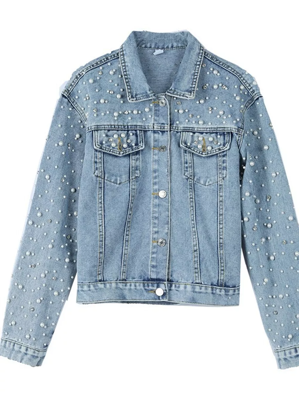 Pearl Detail Button Up Denim Jacket, image 7
