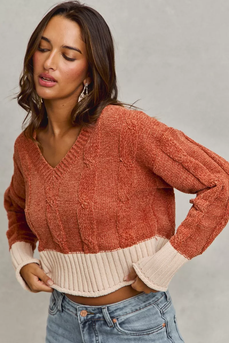 Chenille Cable Knit V Neck Contrast Cropped Sweater, image 2