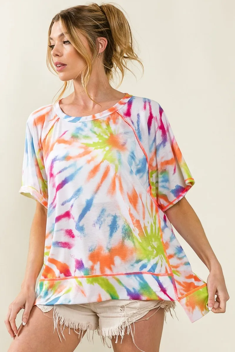 Tie Dye Print Jersey Stitched Uneven Hem Top