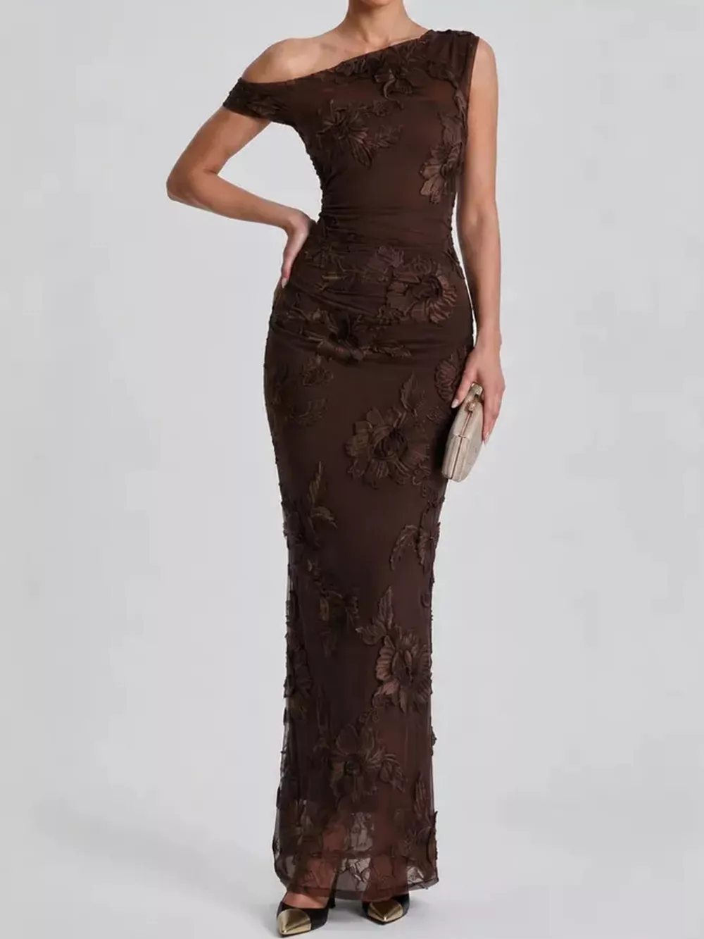 One-Shoulder Floral Embroidered Maxi Dress, image 14