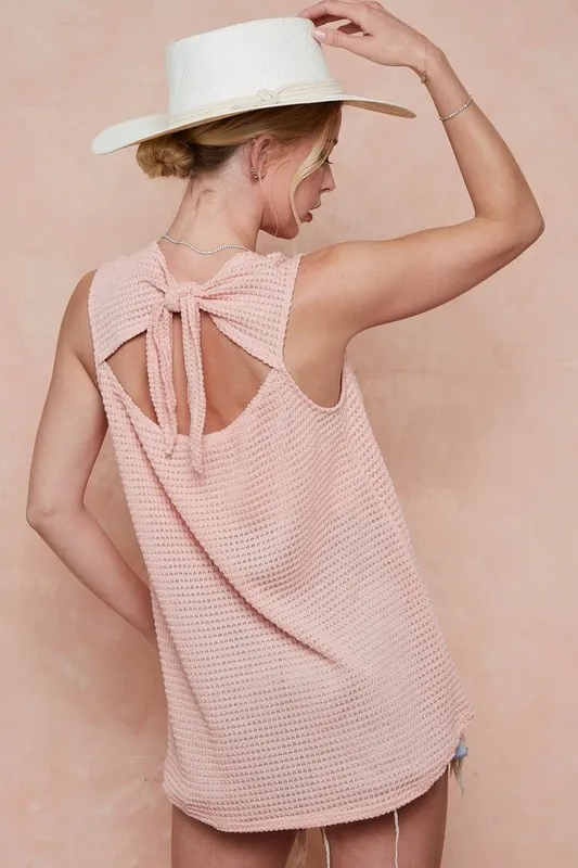 Popcorn Waffle Open Back Top with Tied Ribbon, image 4
