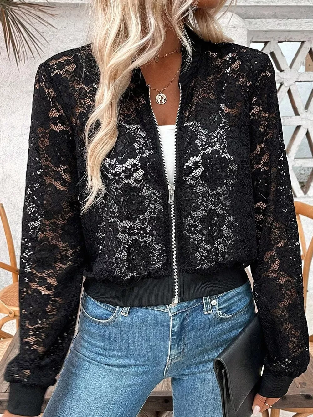 Sheer Lace Zip Up Jacket, image 5
