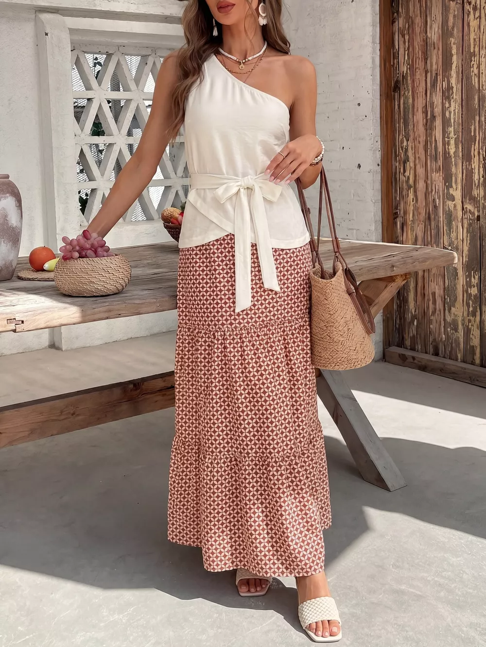 One-Shoulder Top and Geometric Print Maxi Skirt Set, image 3