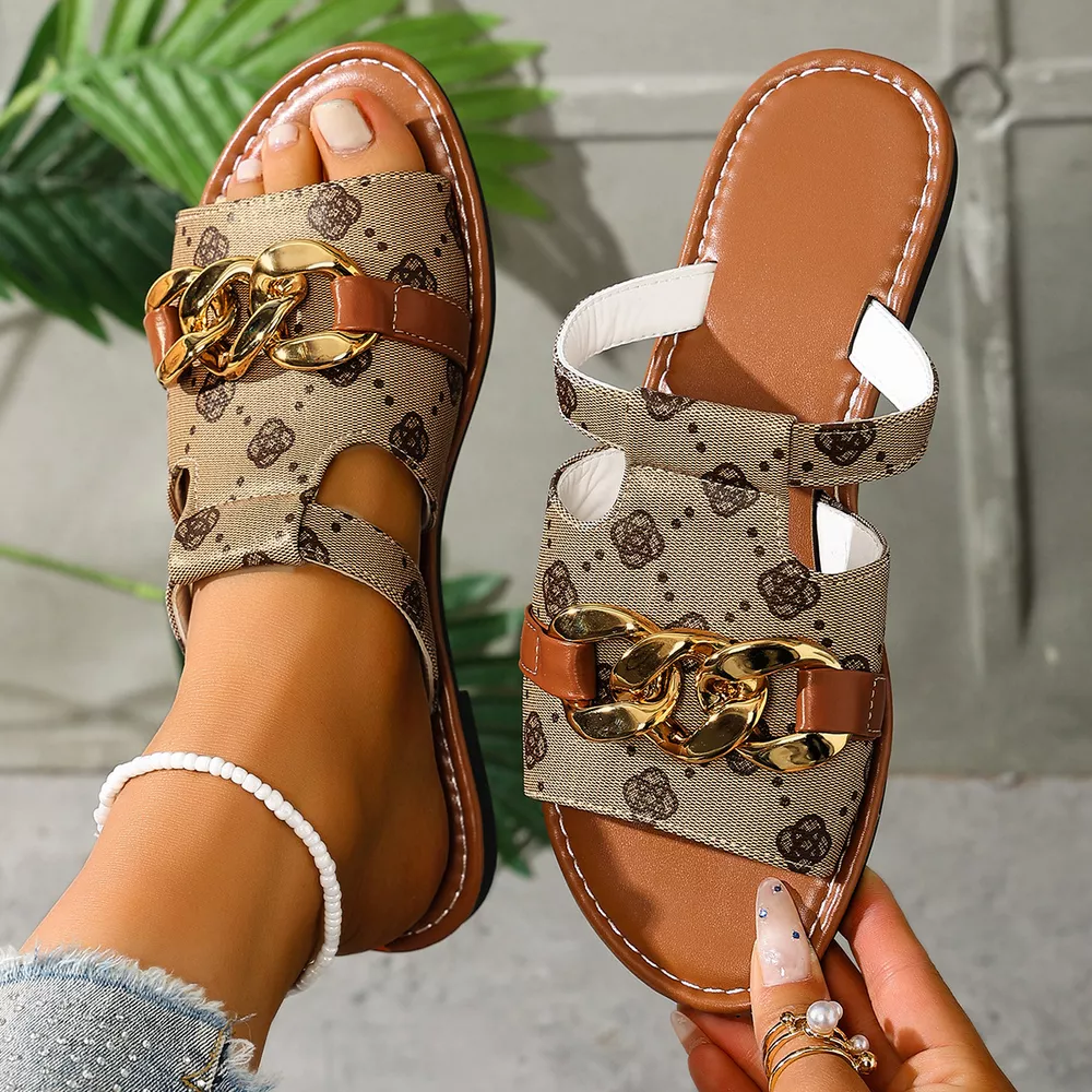 Chain-Decorated Patterned Slide Sandals, image 5