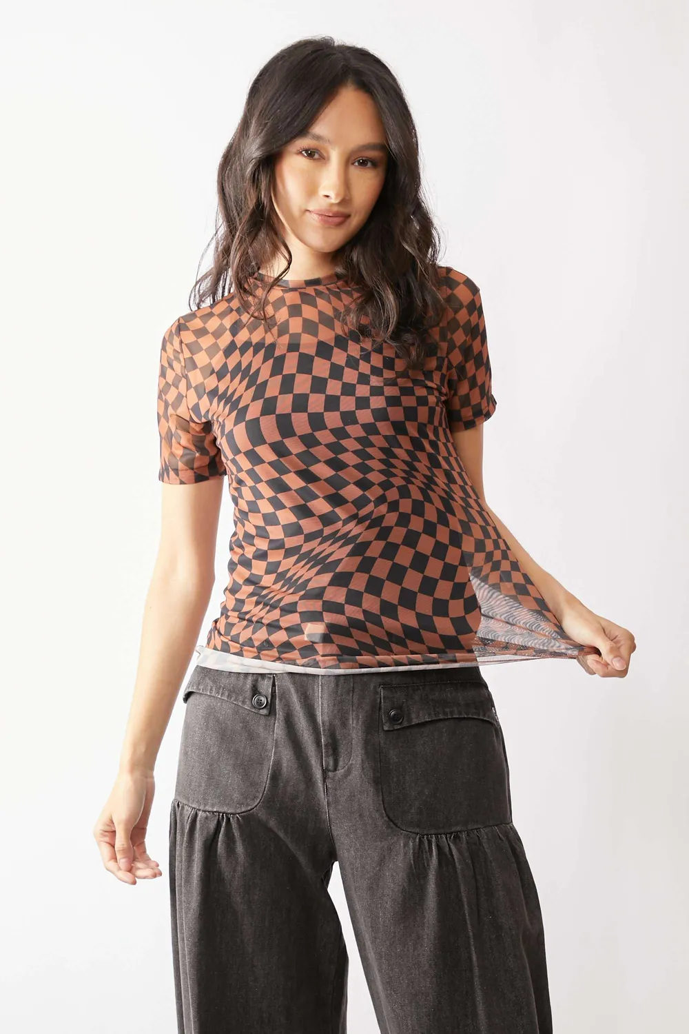 Checker Board Printed Mesh Short Sleeve Top