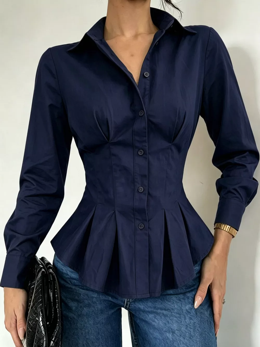 Button-Down Peplum Blouse with Fitted Waist, image 7