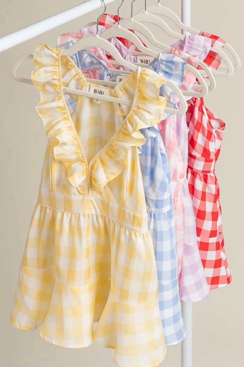 Ruffled Neckline Sleeveless Check Plaid Peplum Top, image 5