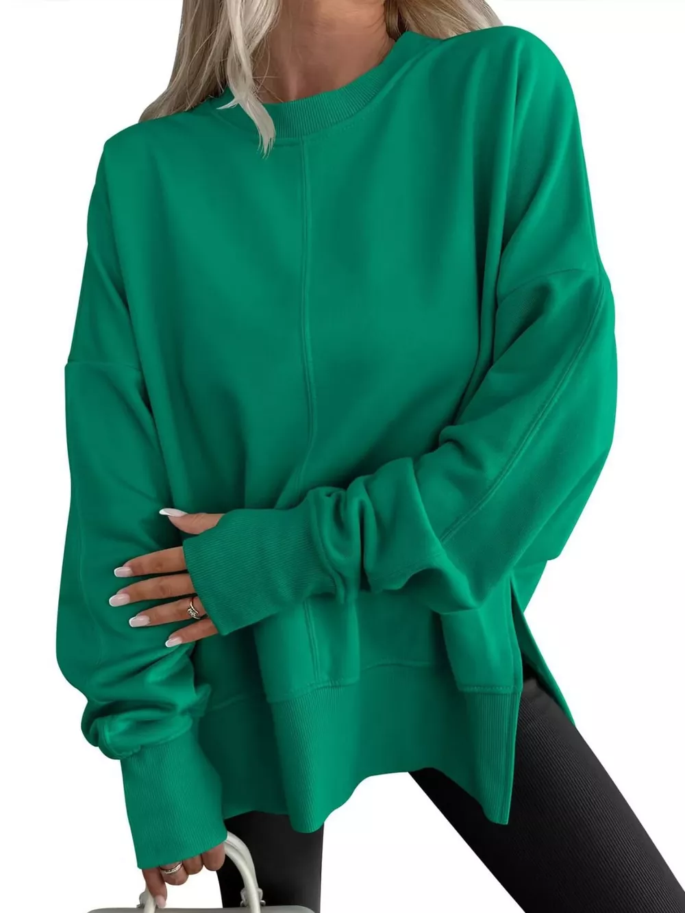 Oversized Crew Neck Sweatshirt with Side Slit, image 12