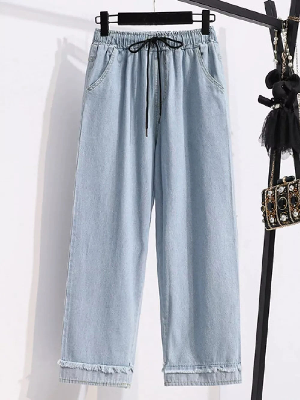 Full Size High-Waisted Elastic Drawstring Wide-Leg Jeans with Frayed Hem Plus Size