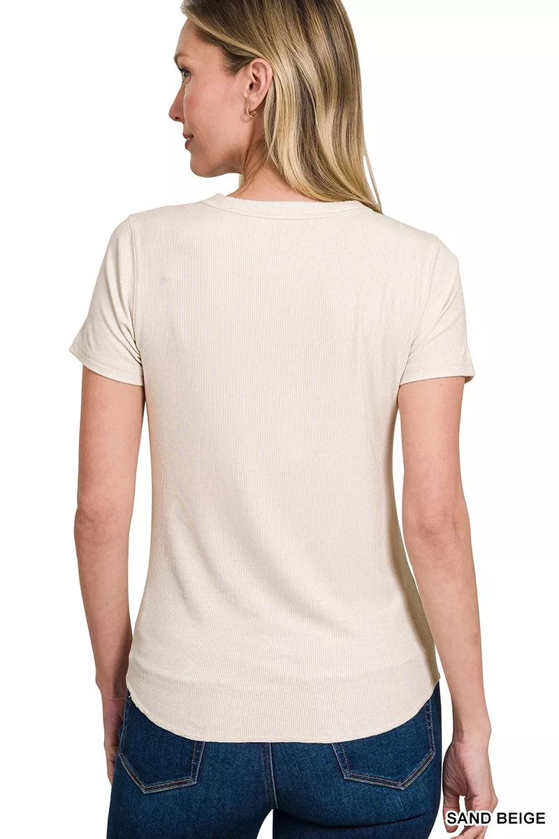 Ribbed Curved Hem Round-Neck Tee, image 3