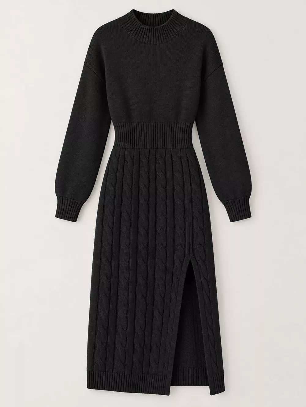 Full Size Mock Neck Cable Knit Sweater Dress with Front Slit Plus Size, image 15