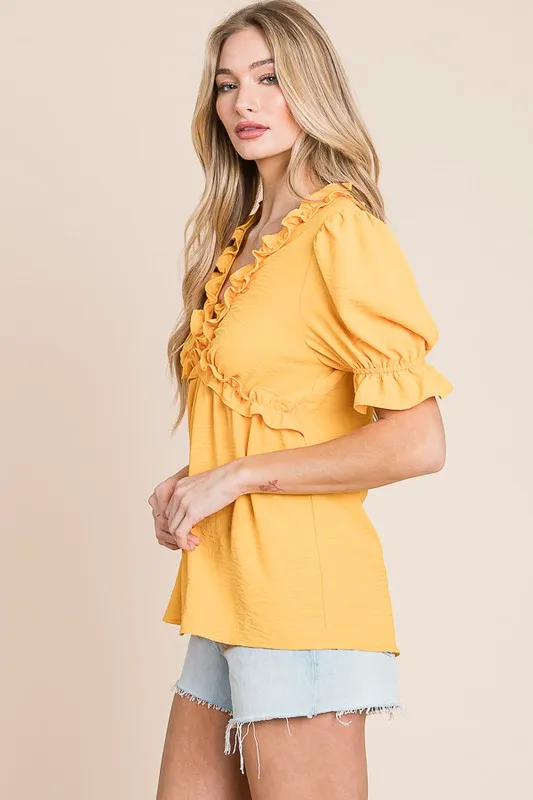 Solid Ruffled Deep V-Neck Puff Sleeve Babydoll Top, image 2
