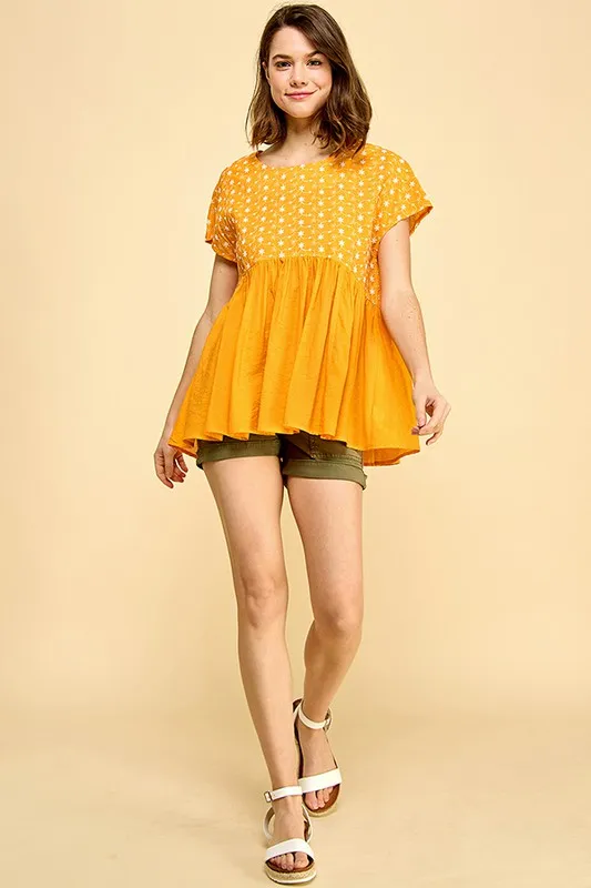 Embroidered Short Sleeve Pleated Babydoll Top, image 2