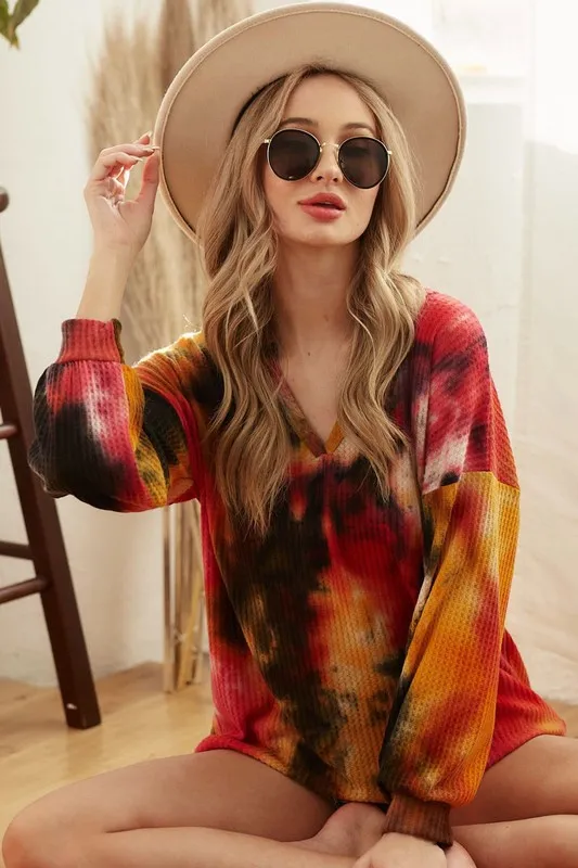 Tie Dye Brushed Waffle Top With Bubble Sleeves, image 3