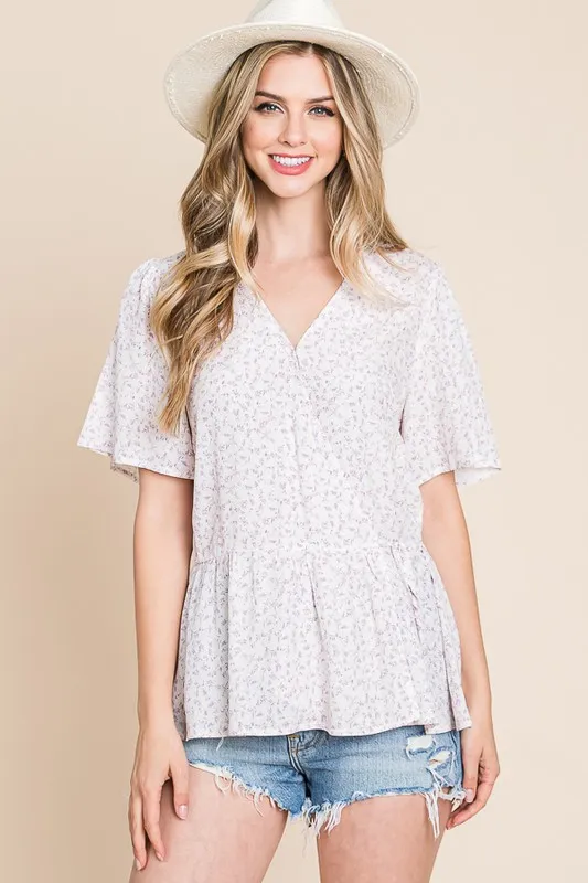 Ditsy Print V-Neck Short Sleeve Wrap Blouse