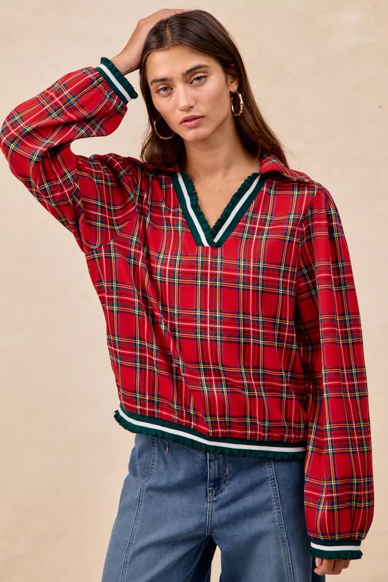 Christmas Plaid Collared Top with Ruffled Detail, image 18
