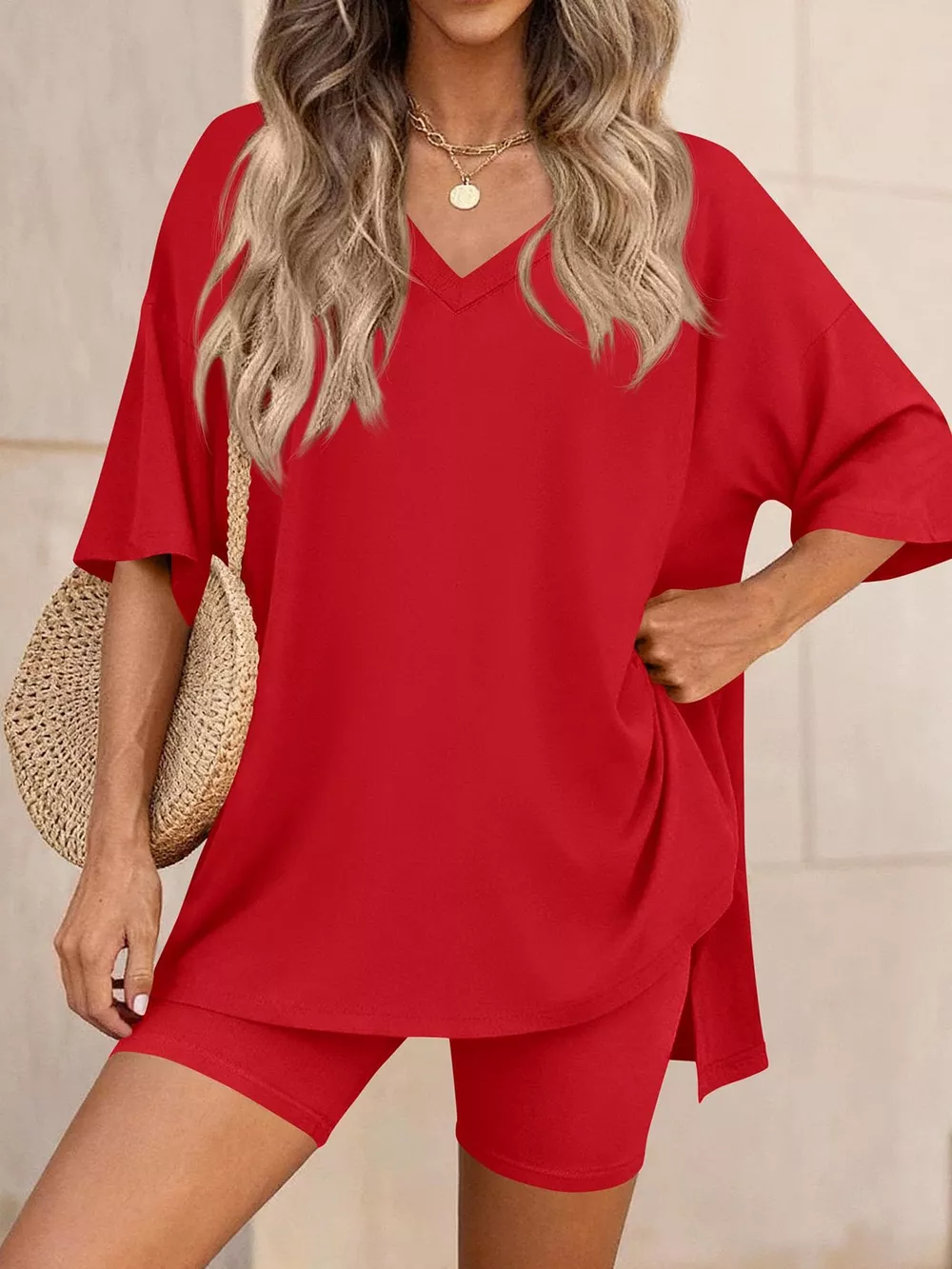 Full Size Casual Loose V-Neck T-Shirt & Shorts Set Plus Size, image 22