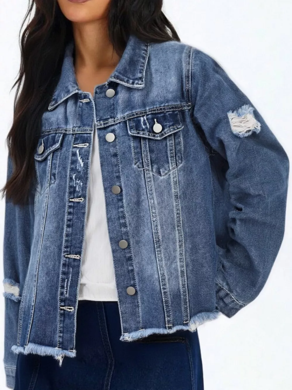 Distressed Raw Hem Denim Jacket, image 7