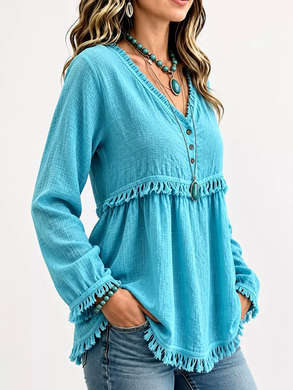 Full Size Fringed Trim V-Neck Long Sleeve Blouse Plus Size, image 50