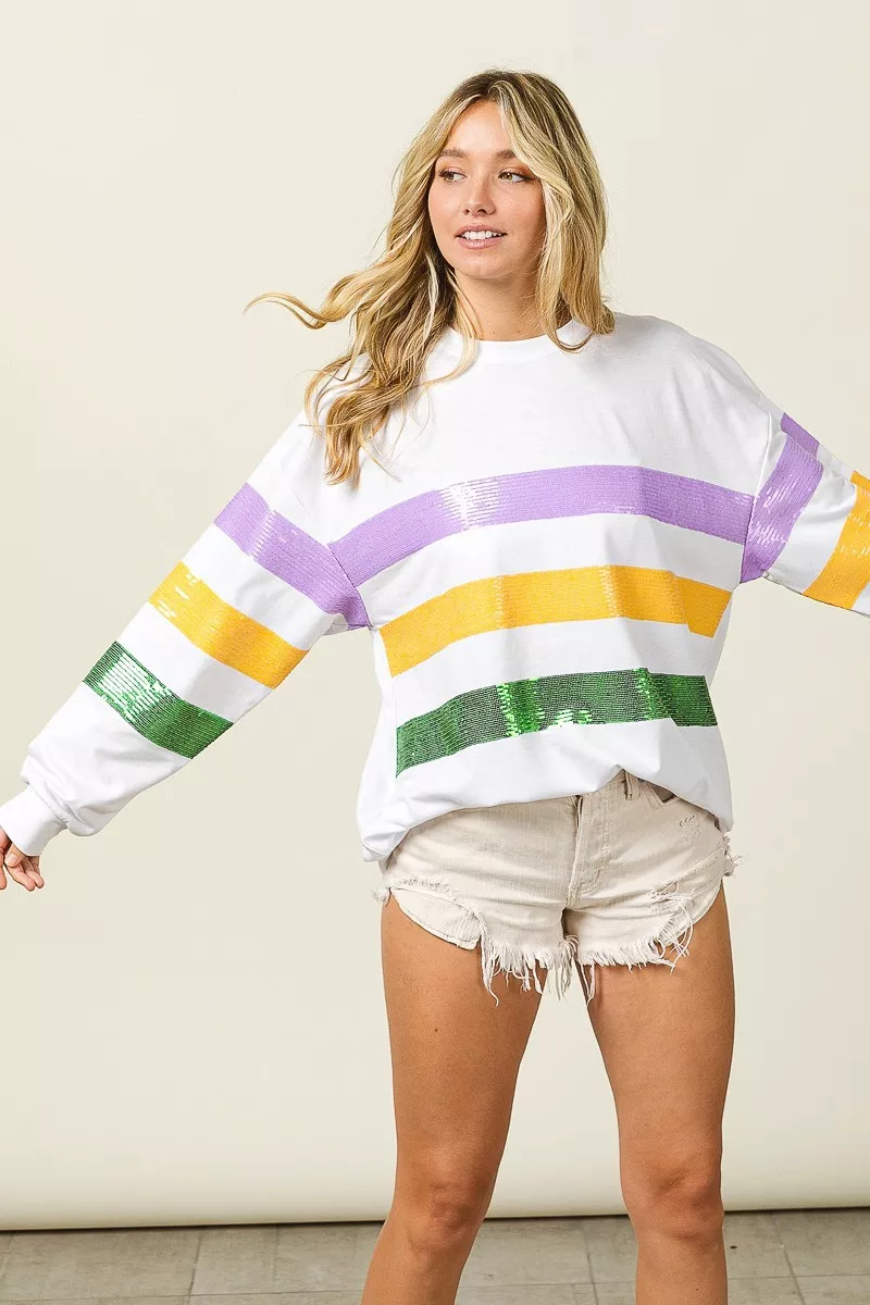 Sequin Mardi Gras Striped Round Neck Sweatshirt, image 3