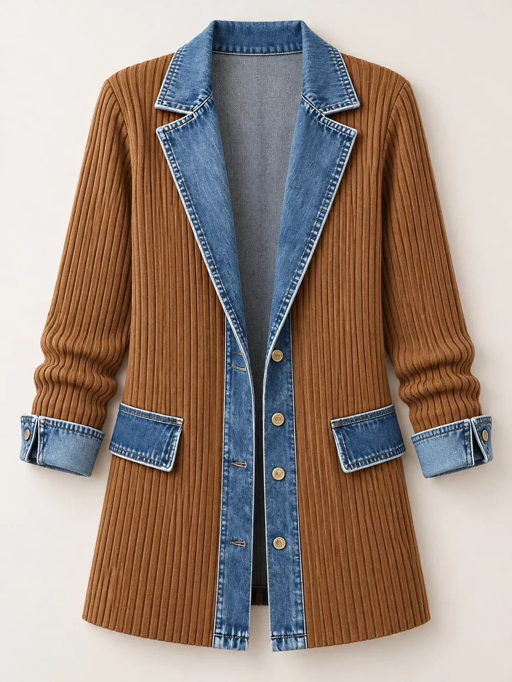 Full Size Denim Trim Ribbed Knit Cardigan Plus Size, image 11