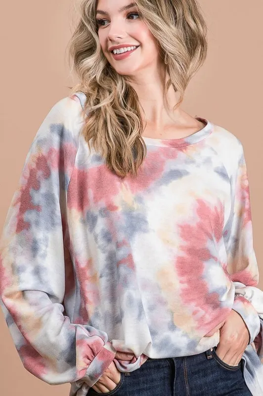 Tie Dye Print Terry Top With Puff Sleeves, image 8
