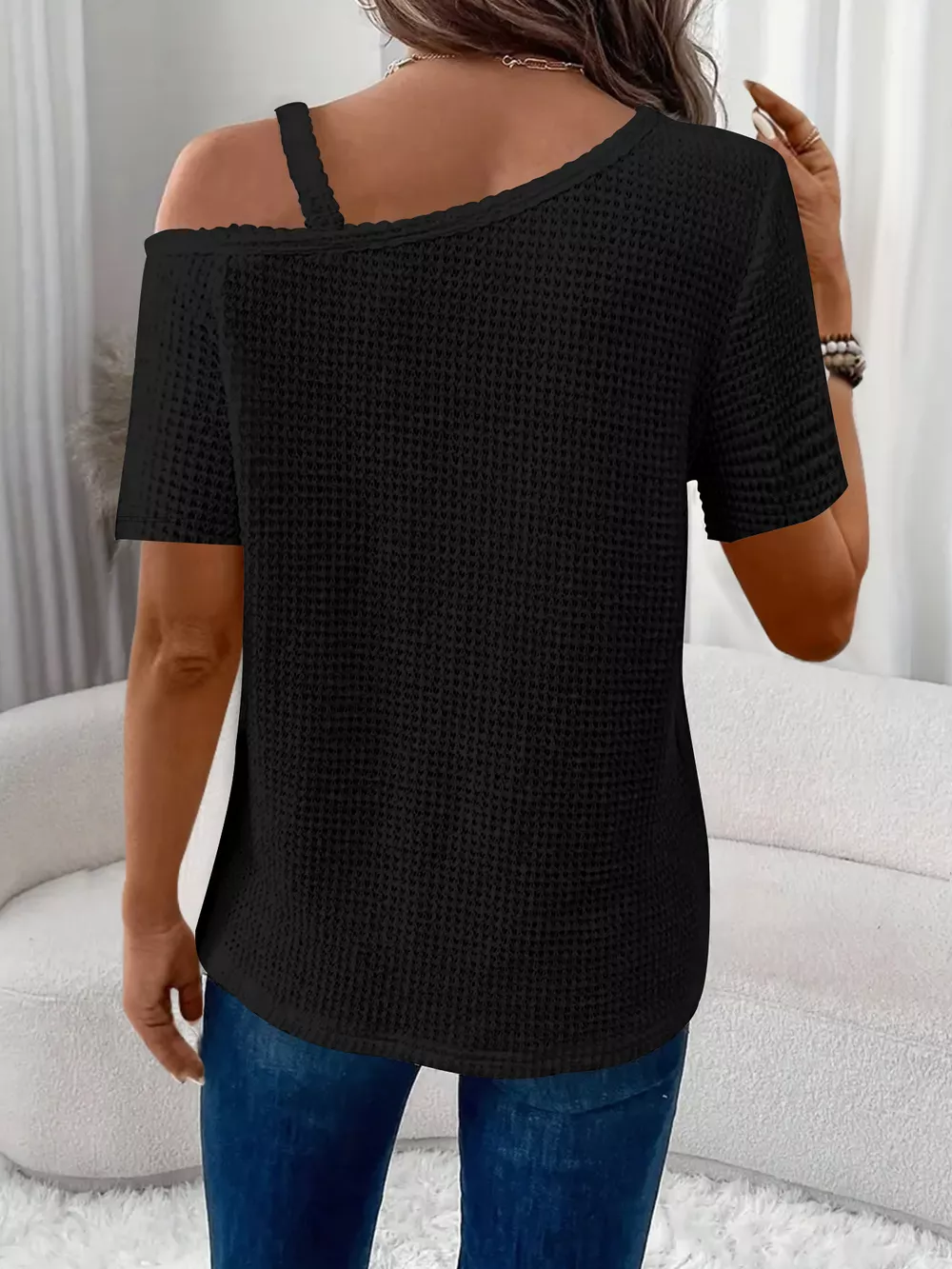 One-Shoulder Chain Detail Waffle Knit T-Shirt, image 9