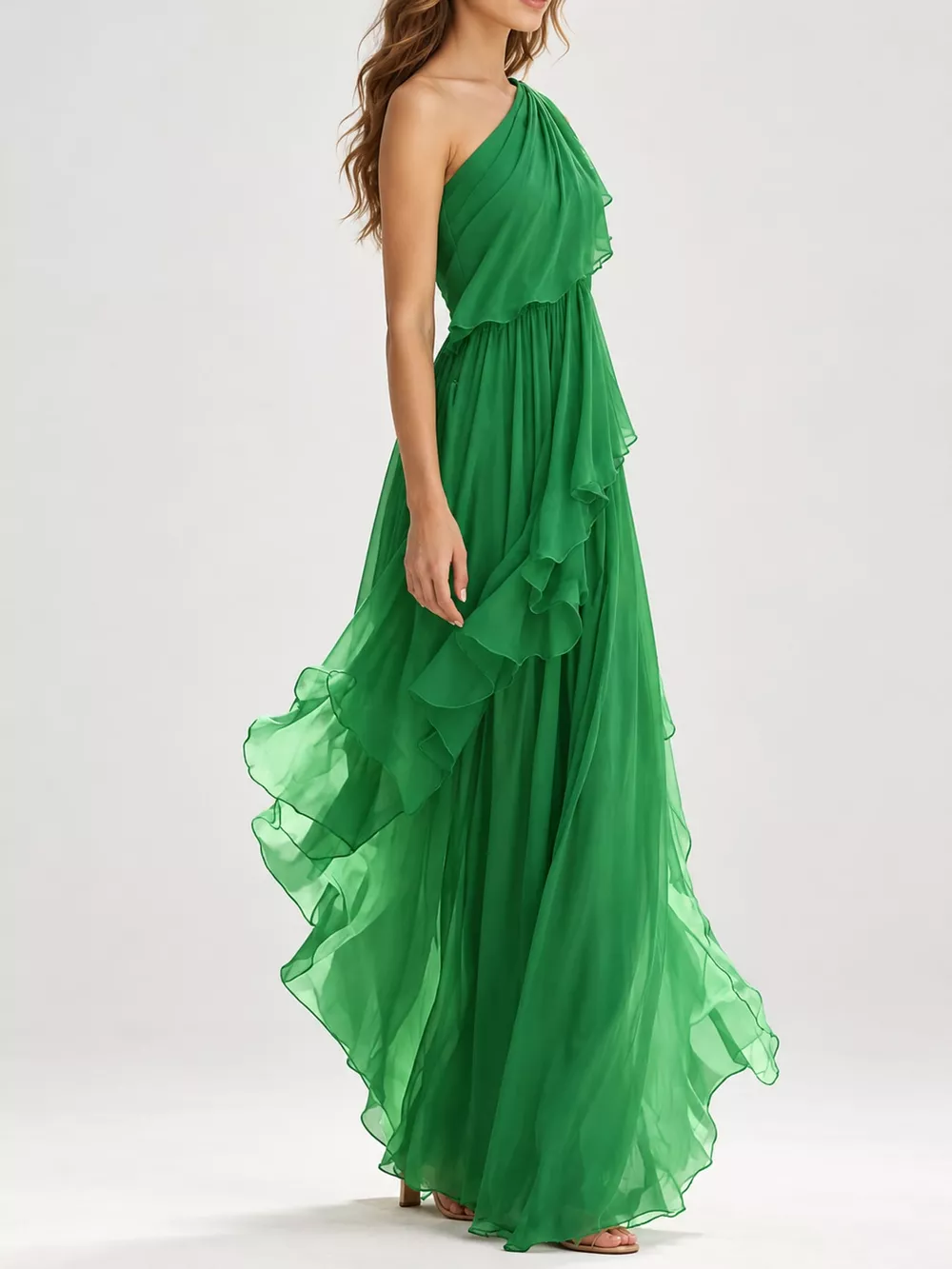 One-Shoulder Ruffled Chiffon Maxi Dress, image 12