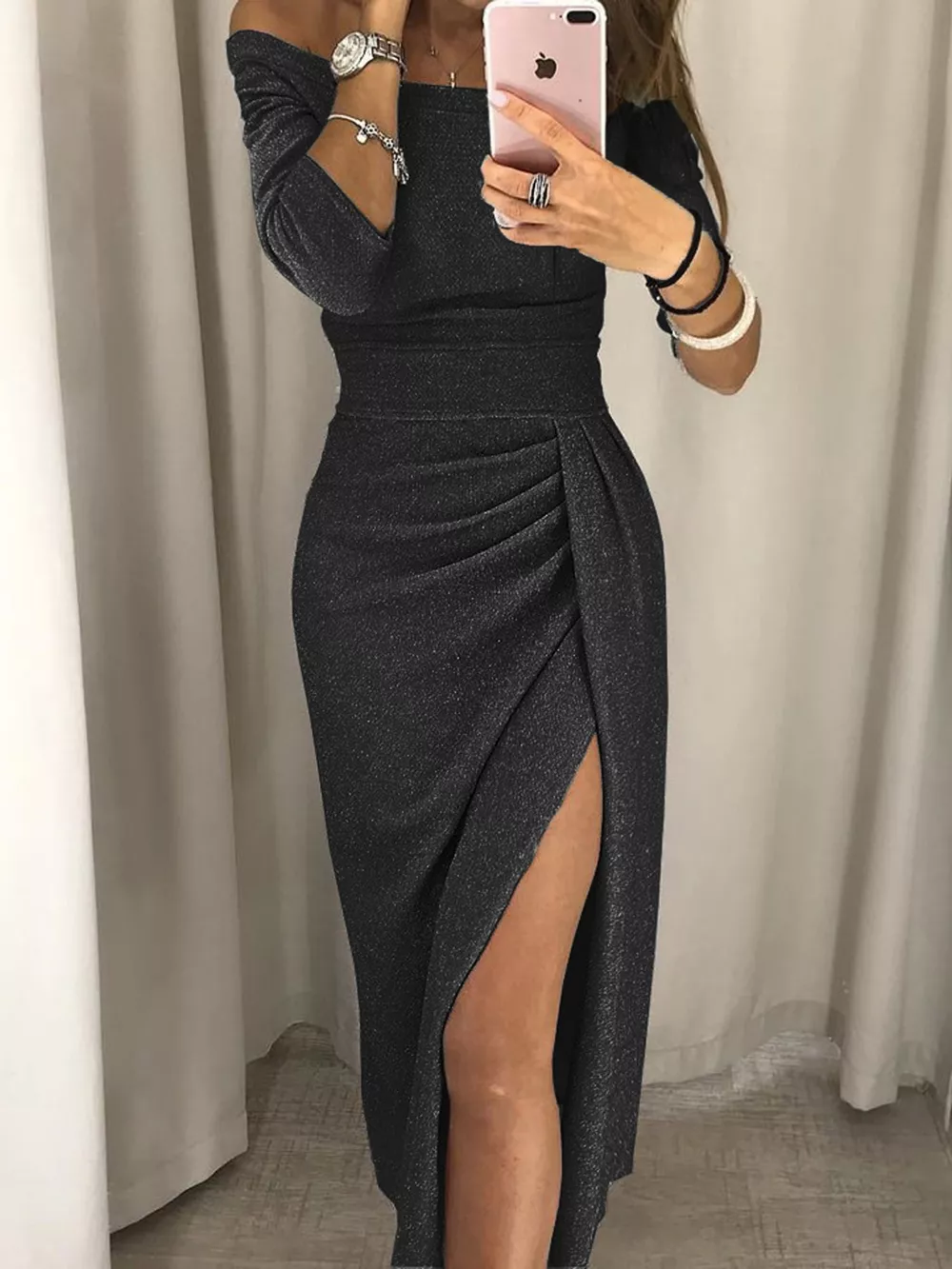 Full Size Off-Shoulder Ruched Slit Midi Dress Plus Size, image 9