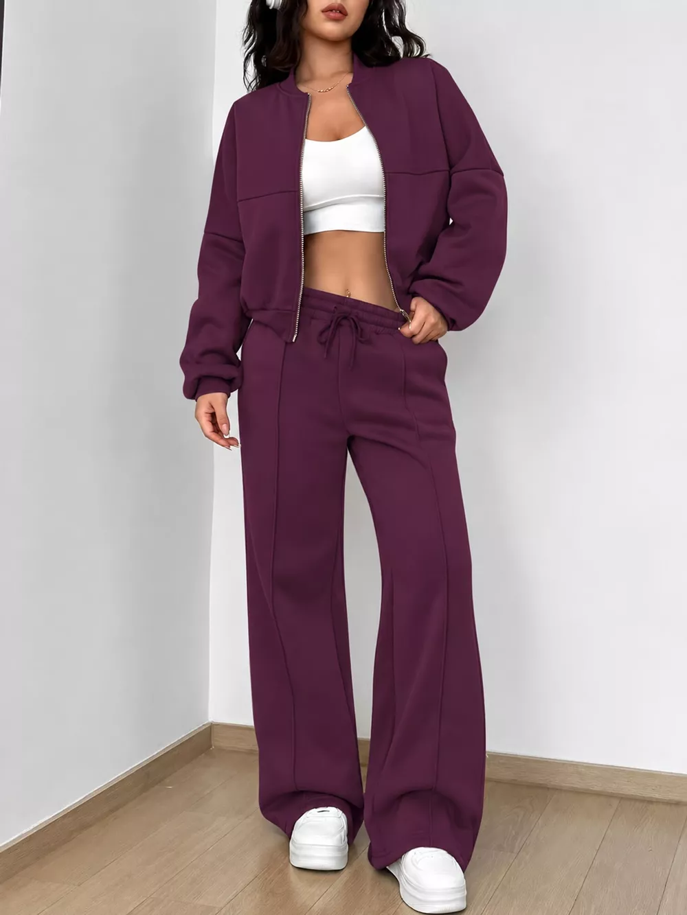 Casual Zip-Up Jacket and Wide-Leg Sweatpants Set, image 49