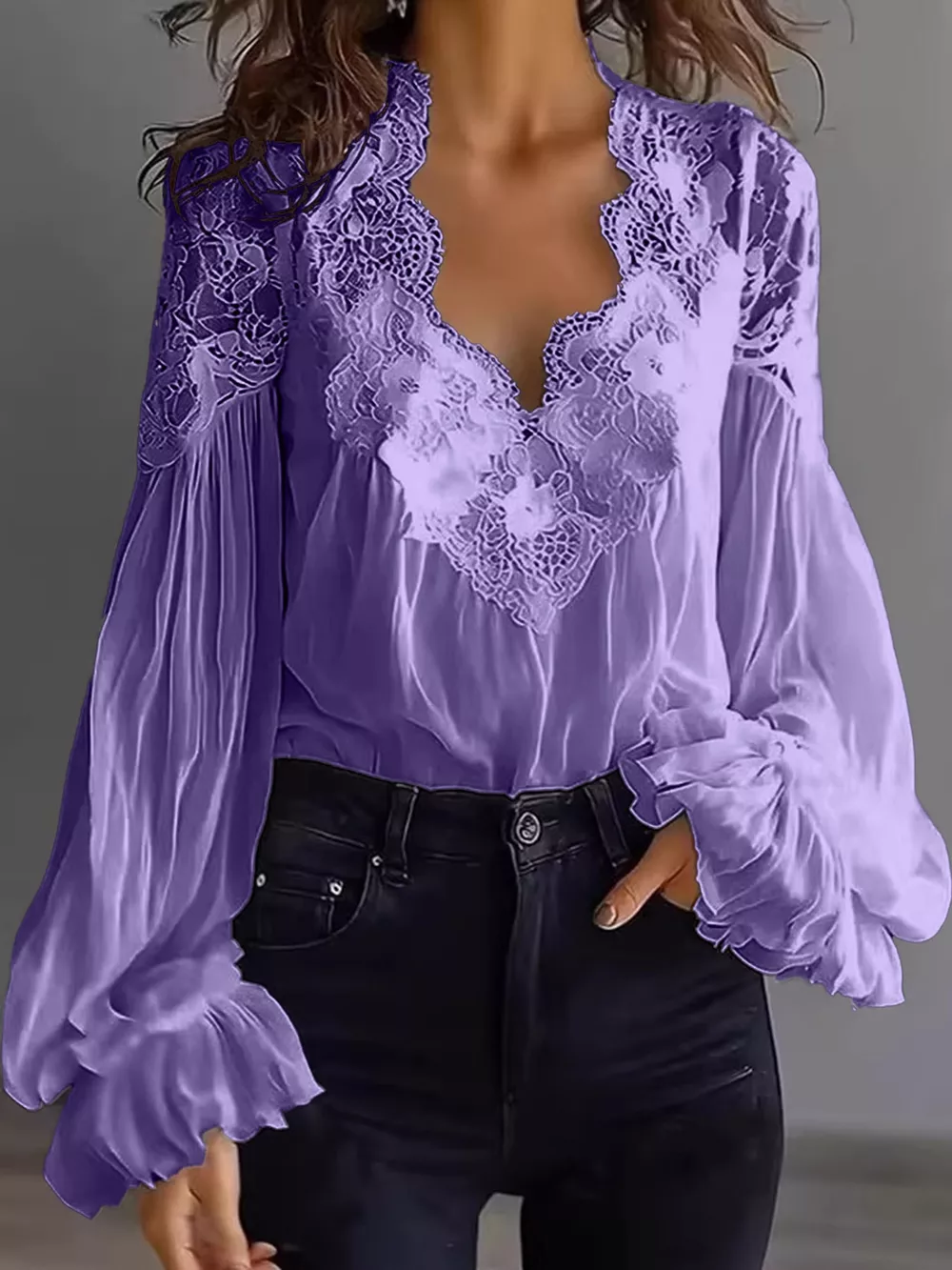 Full Size Lace V-Neck Flounce Sleeve Blouse Plus Size, image 22