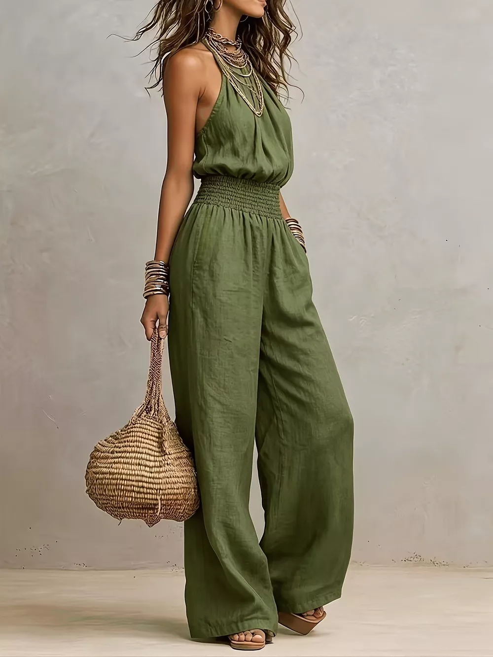 Smocked Halter Neck Wide-Leg Jumpsuit, image 4