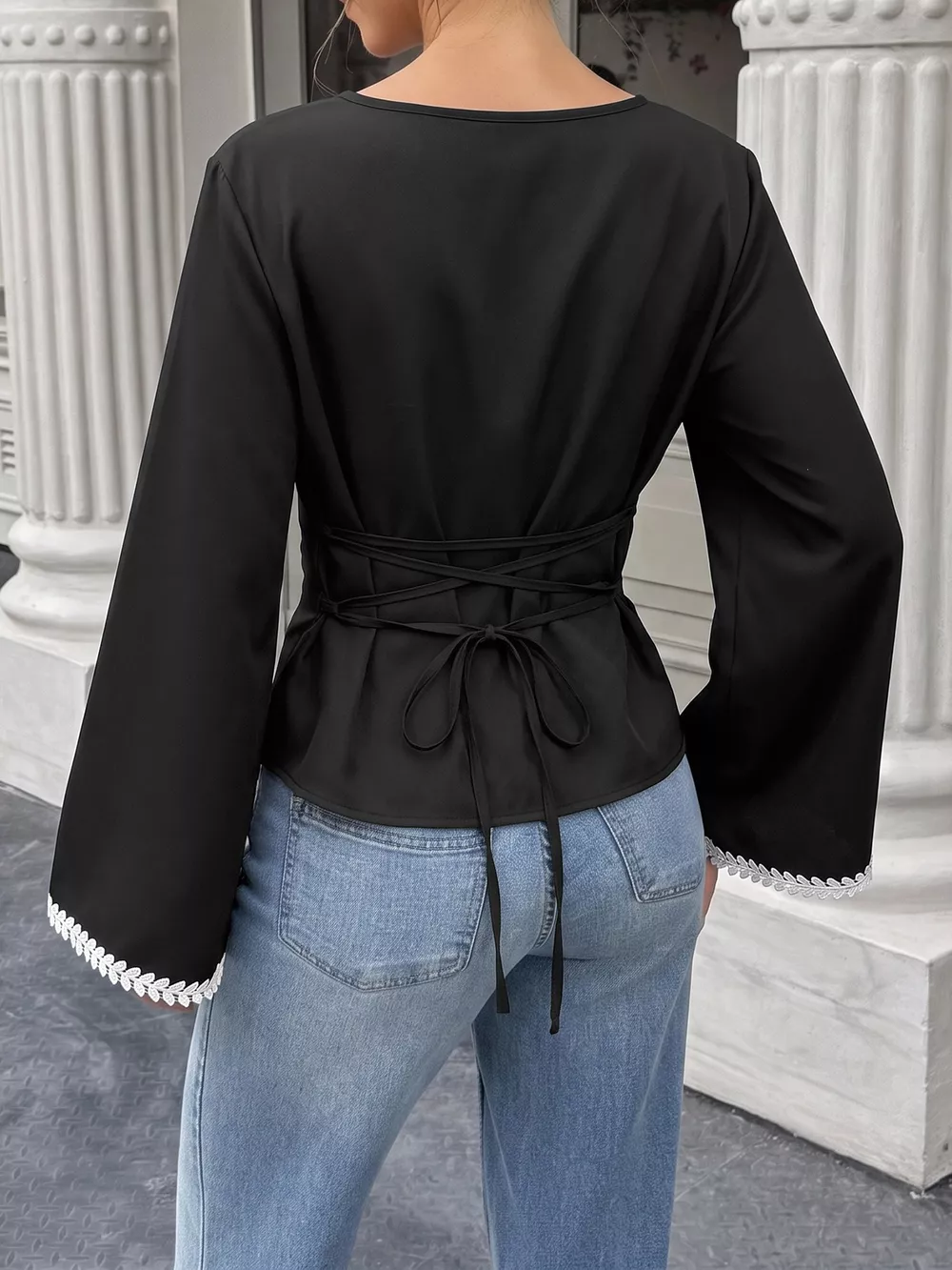 Contrast Trim Flare Sleeve Blouse, image 6
