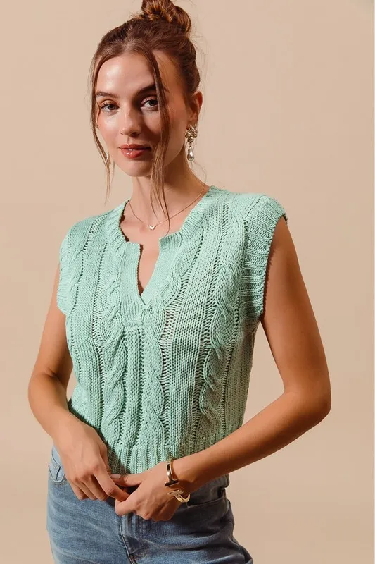 Notched Neck Cable Knit Sweater Vest