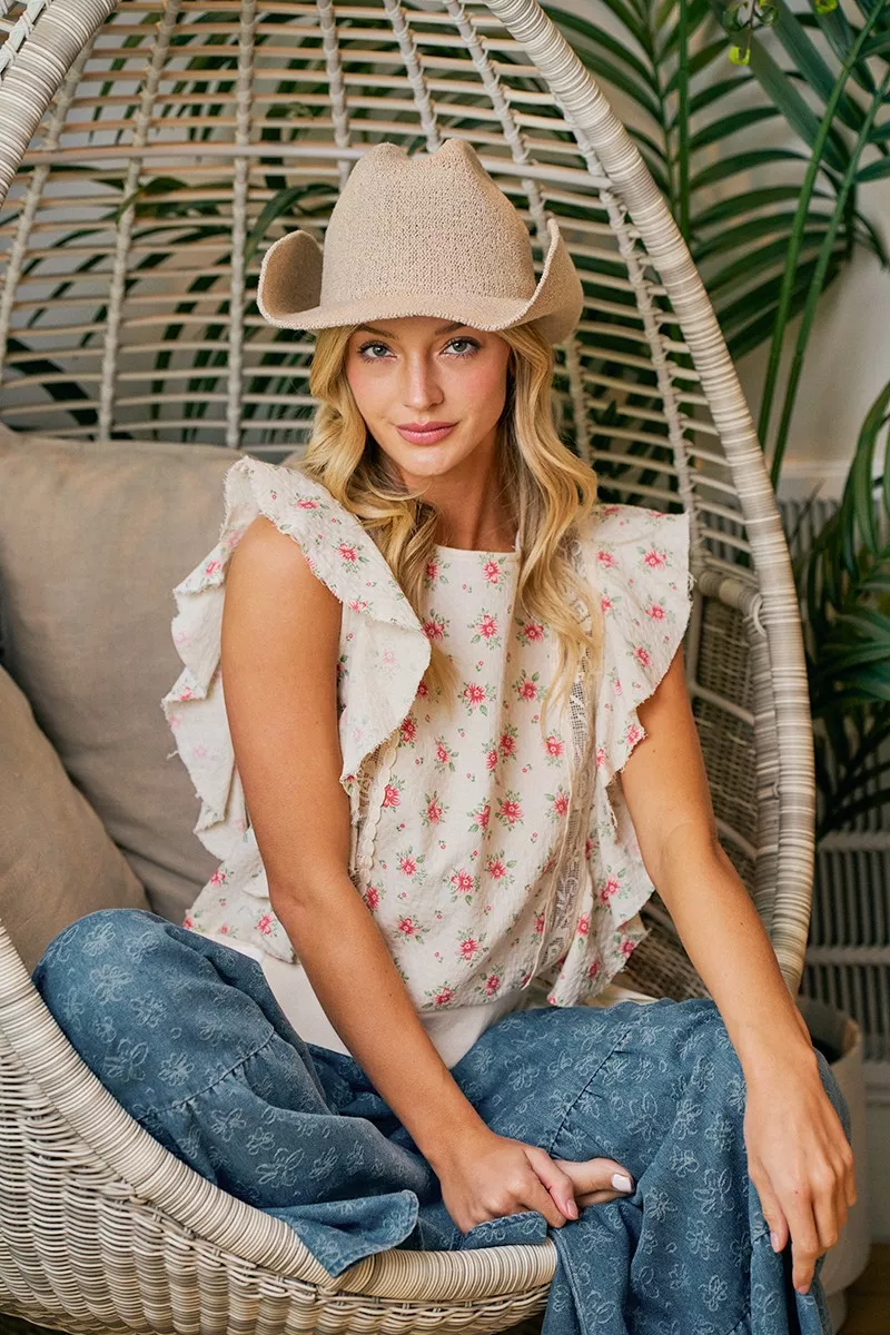 BiBi Flower Printed Ruffle Sleeve Trim Detail Top, image 14