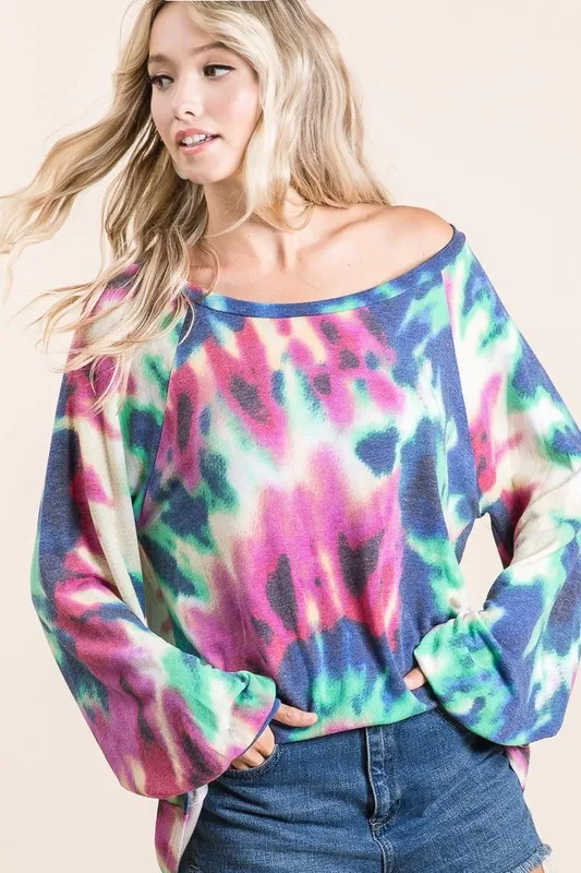 Tie Dye Print Terry Top with Puff Sleeves, image 3
