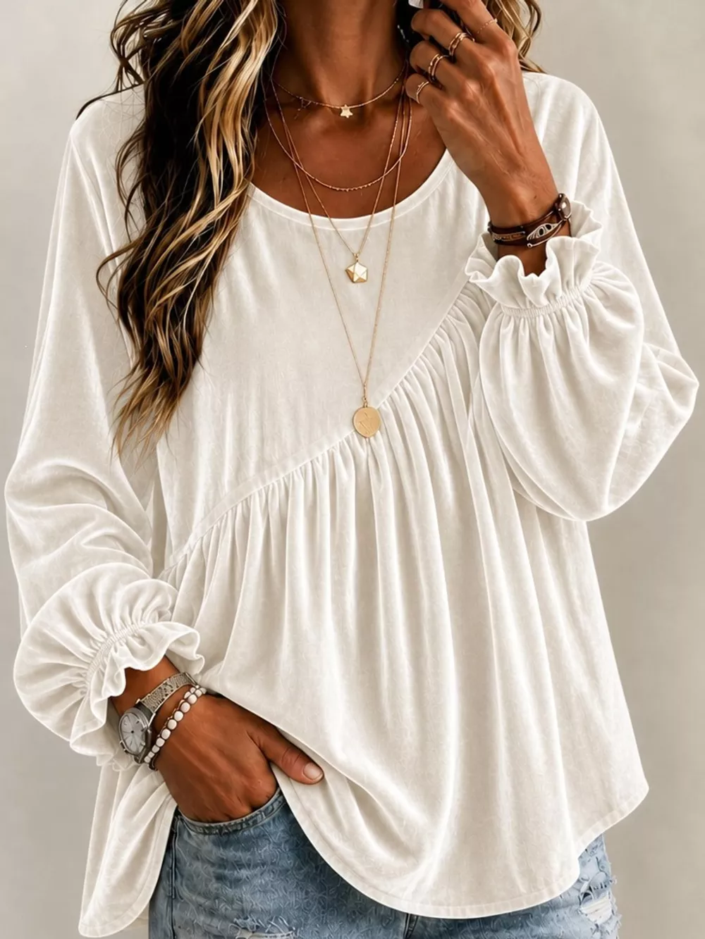 Full Size Velvet Long Sleeve Blouse Plus Size