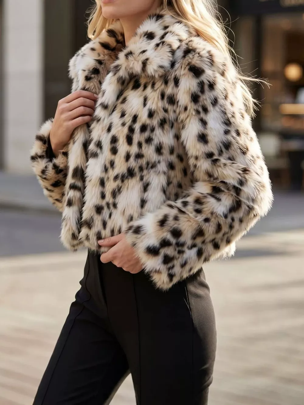 Plus Size Leopard Print Faux Fur Cropped Outerwear, image 2