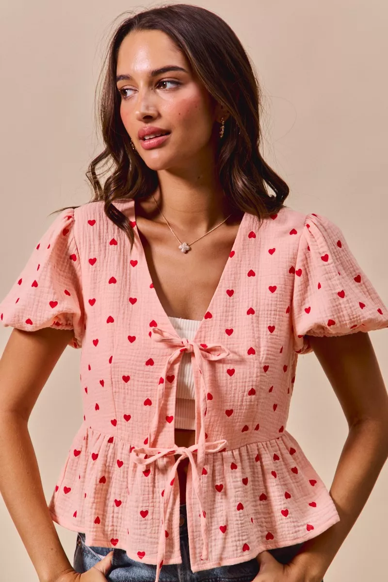 All Over Heart Ribbon Tie Baby Doll Valentine Blouse, image 3