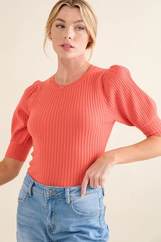 Puffed Half Sleeve Rib Basic Bodysuit, image 4