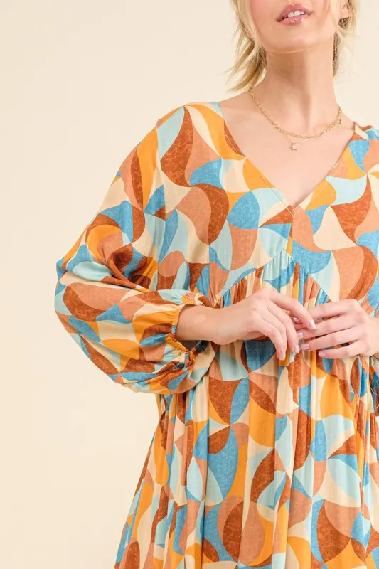 Printed Open Back Puff Sleeve Casual Dress, image 2