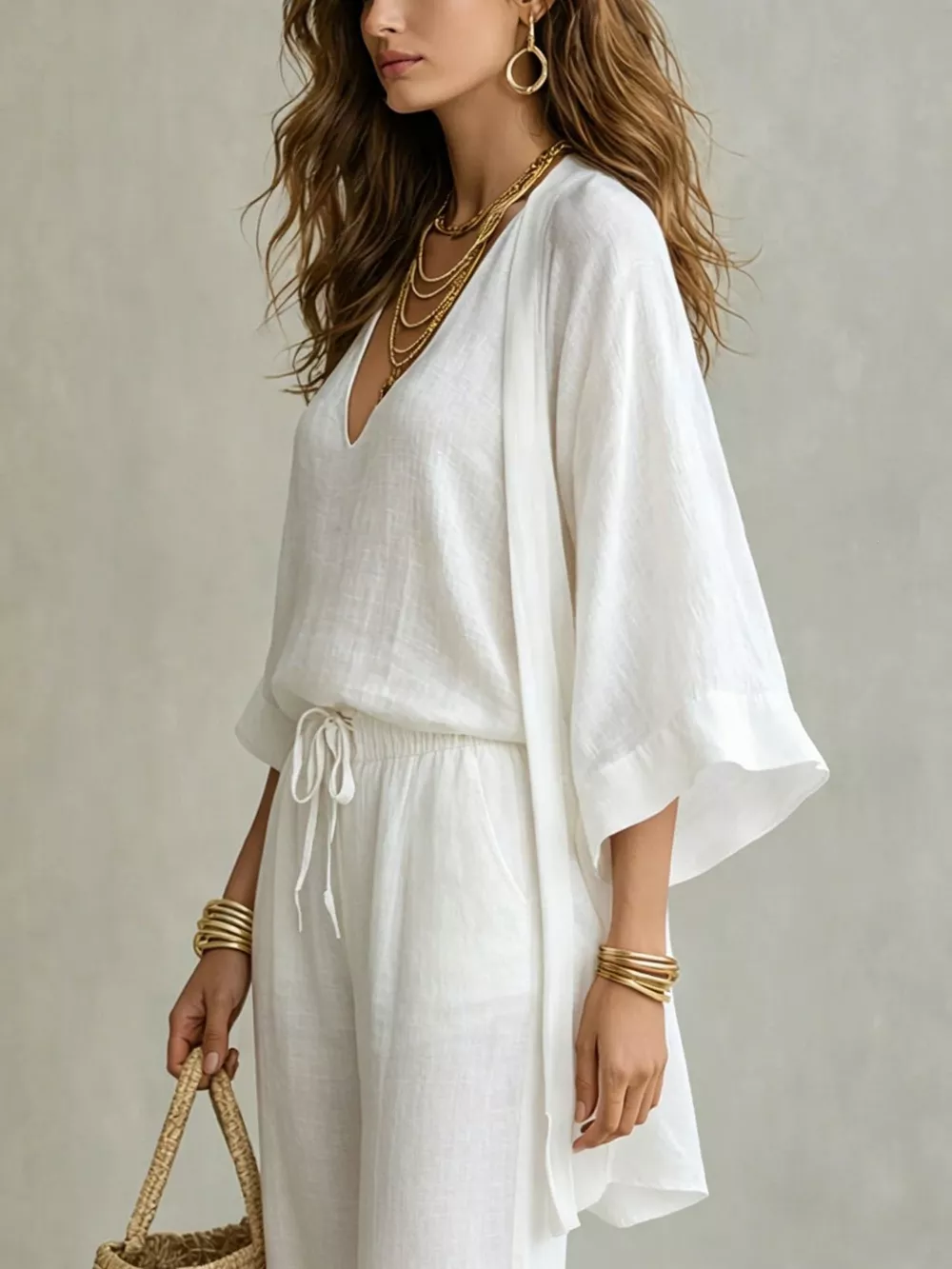 V-Neck Top & Cardigan & Pants Three-Piece Set, image 2