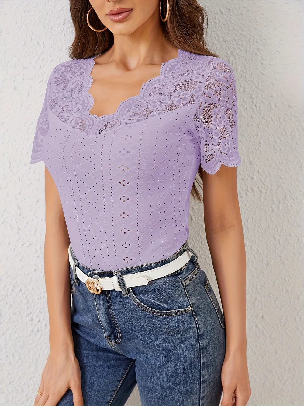 Lace Scalloped V-Neck Eyelet T-Shirt, image 8