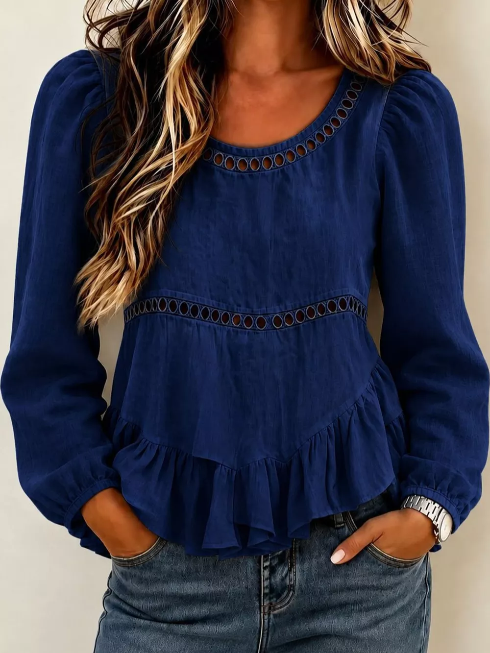 Long Sleeve Blouse with Eyelet Lace Trim and Ruffled Hem, image 23