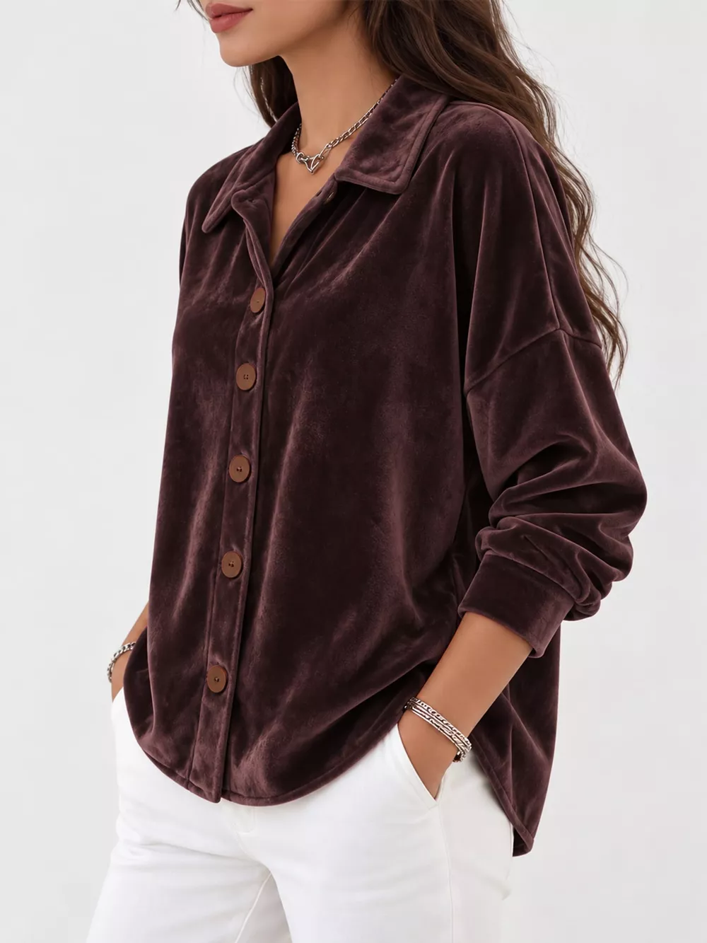 Full Size Velvet Button-Down Long Sleeve Shirt Plus Size, image 19