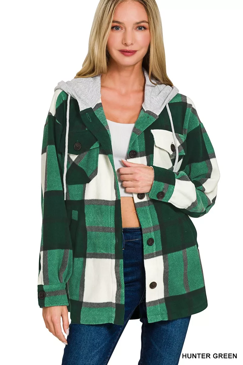 Plaid Drawstring Hooded Fleece Shacket, image 2